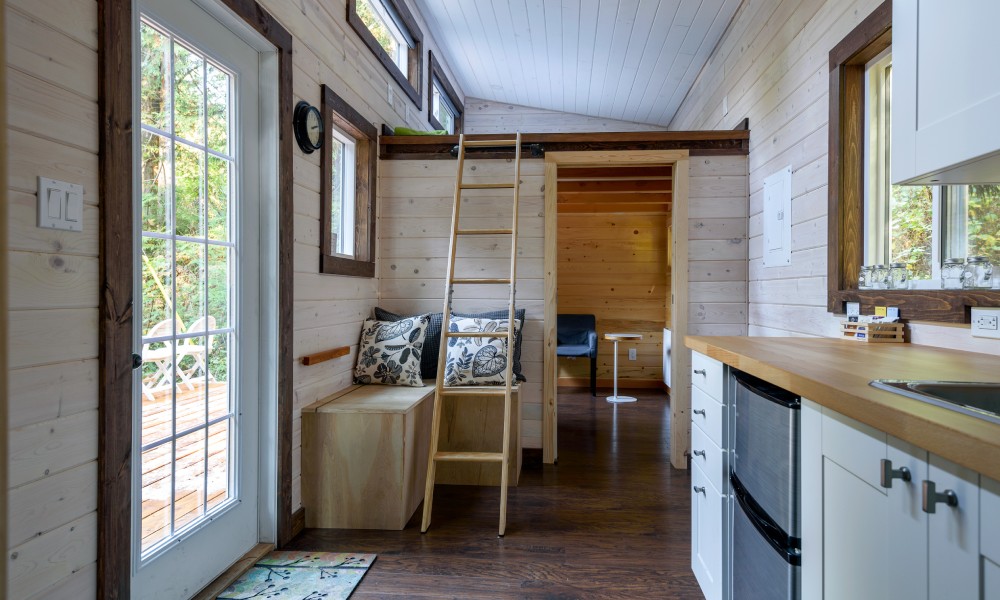 An interior look of a tiny home with different furniture, a countertop, and a ladder going up to a little loft area.